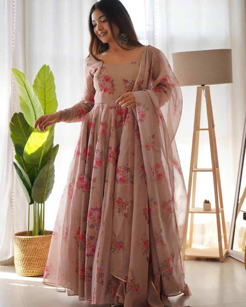 Light Chocolate Color Floral Print Soft Organza Silk Kali Cut Anarkali Suit