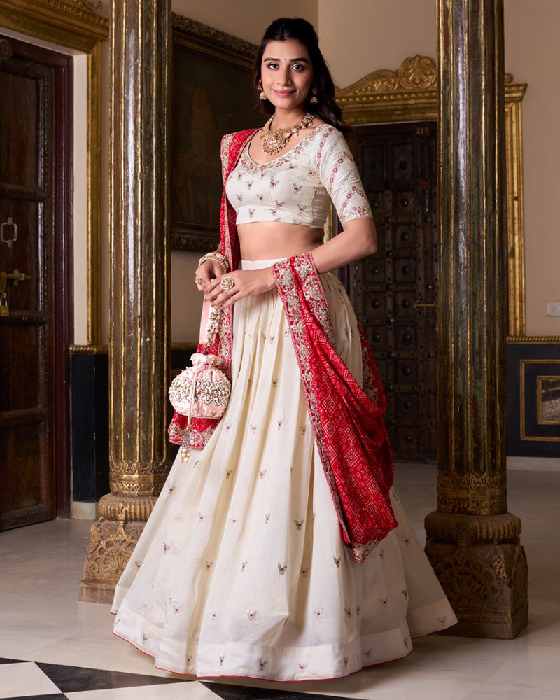 Off White Color Vichitra Silk Sequins And Thread Embroidered Lehenga Choli