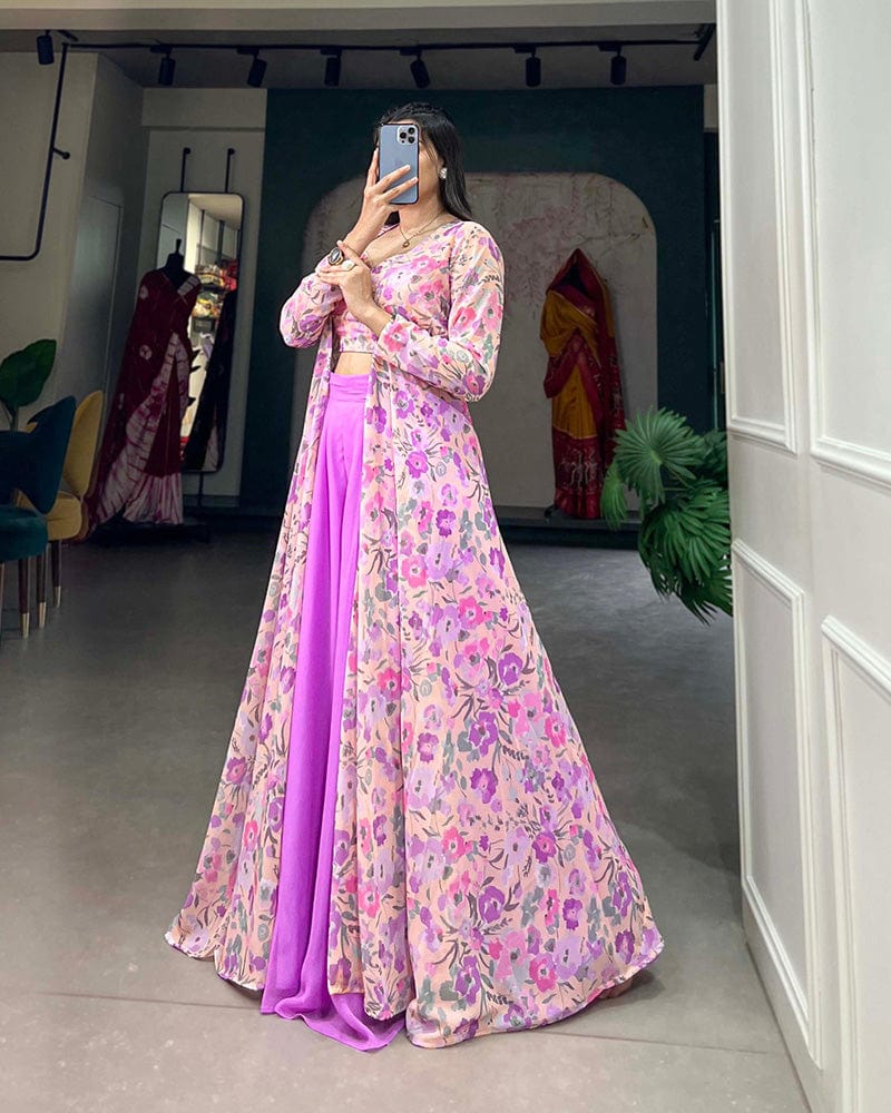 Lavender Color Georgette Printed Shrug With Plazzo Suit