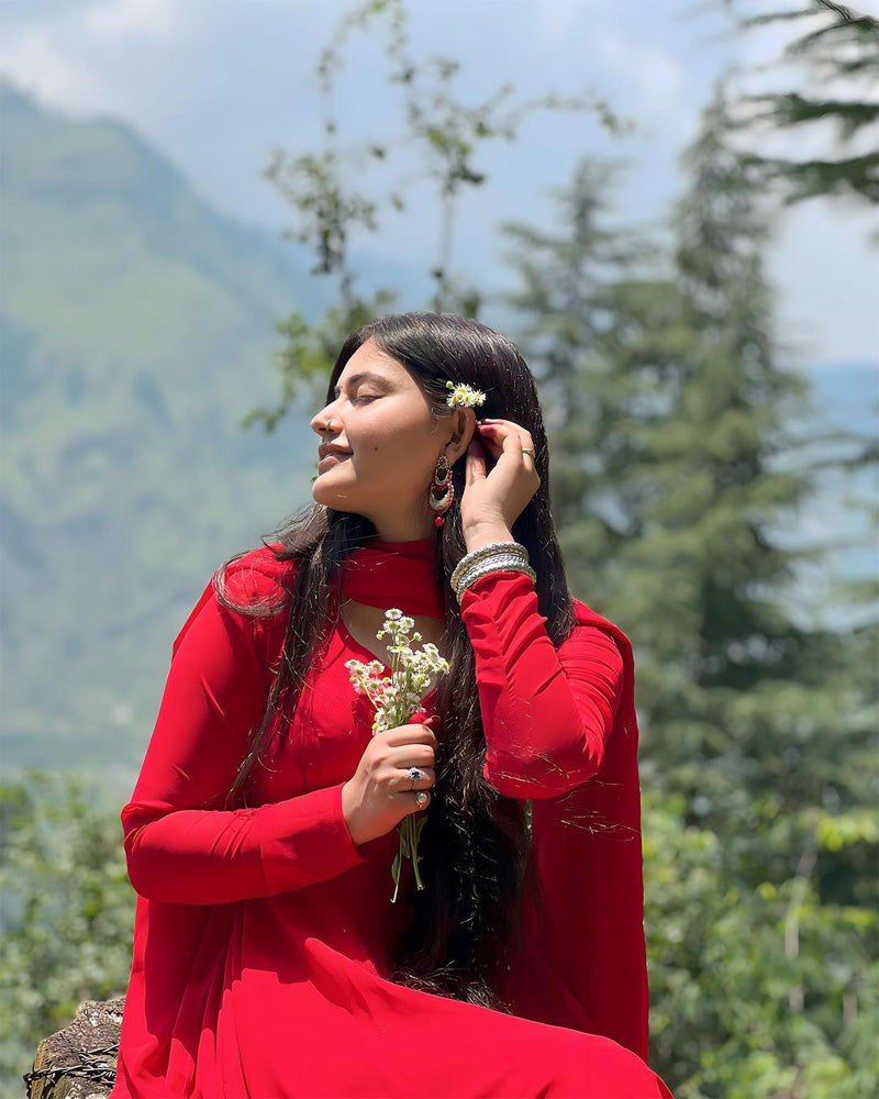 Jyoti Thakur Designer Back String Style Red Colour Three Piece Anarkali Suit