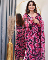 Neha Bagga Floral Wine Colour Chiffon Pre Drapped Saree