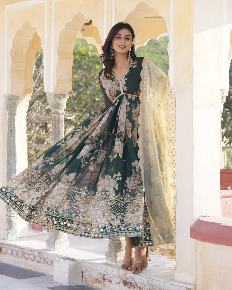 Designer Wedding Wear Printed Olive Green Color Gown With Dupatta