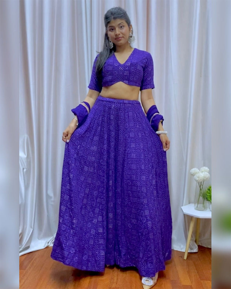 Purple Georgette Lucknowi Semi Stitched Lehenga Choli