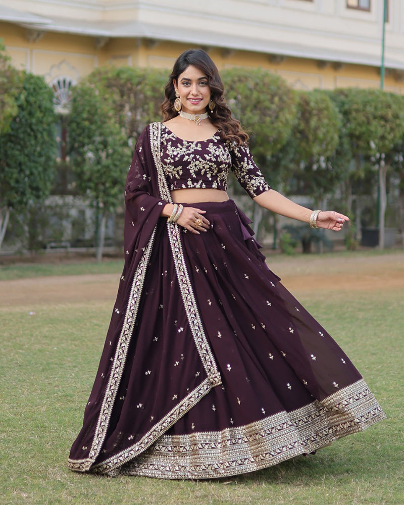 Wedding Wear Dark Wine Color Designer Blooming Lehenga Choli