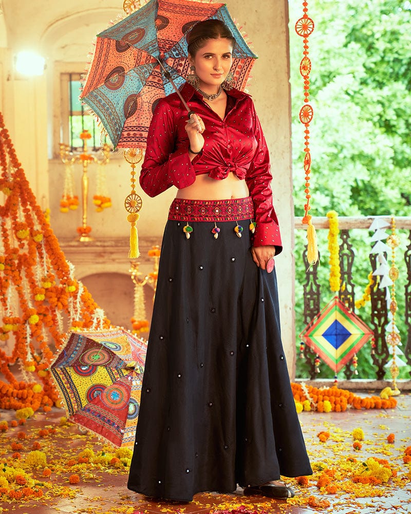 Maroon And Black Color Cotton Printed Fully Stitched Navratri Lehenga Choli