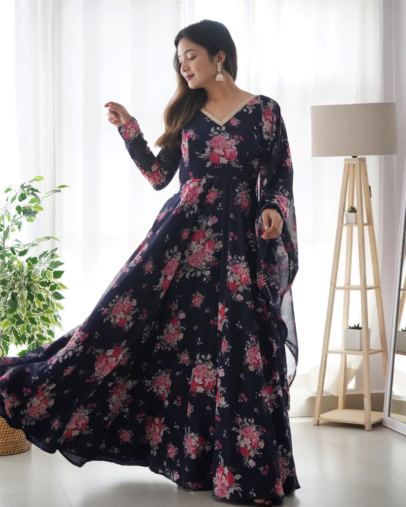 Floral Navy Blue Color Pure Soft Georgette Anarkali Suit