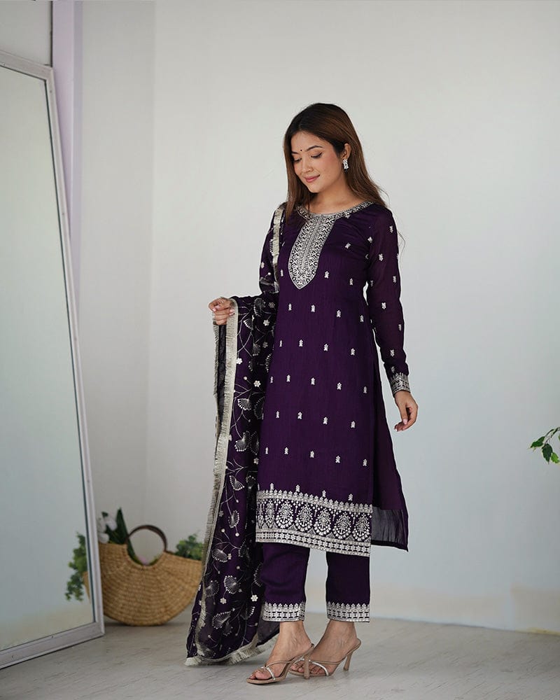 Purple Color Rangoli Silk Three Piece Kurti Suit