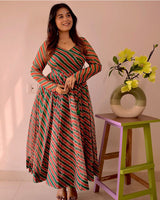 Green And Red Color Laheriya Print Tabby Organza Anarkali Suit