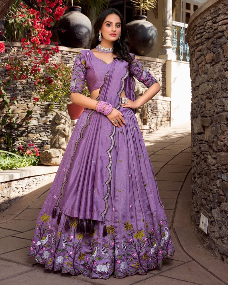 Lavender Color Vichitra Silk Thread Embroidered Lehenga Choli