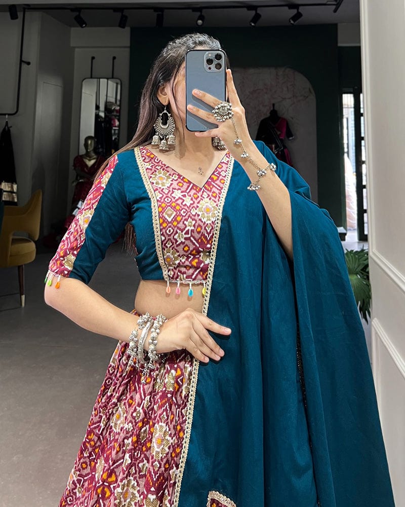 Red Color Rayon And Dola Silk Navratri Lehenga Choli