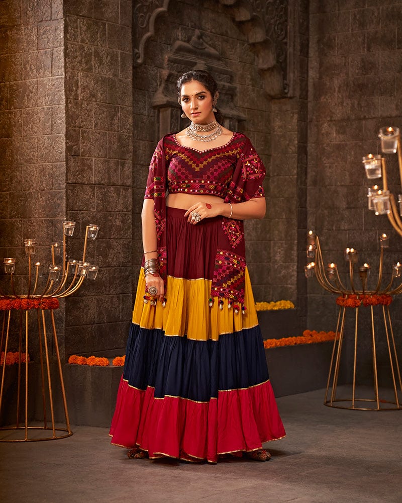 Multi Color Viscose Rayon Thread With Mirror Work Navratri Lehenga Choli