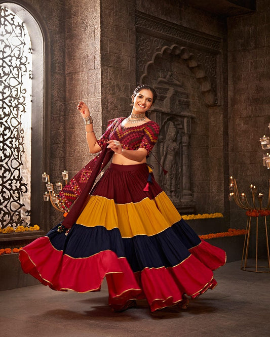 Multi Color Viscose Rayon Thread With Mirror Work Navratri Lehenga Choli