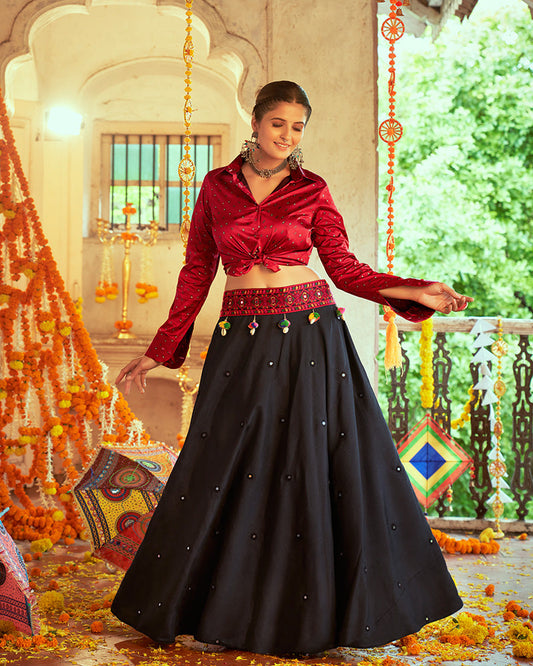 Maroon And Black Color Cotton Printed Fully Stitched Navratri Lehenga Choli