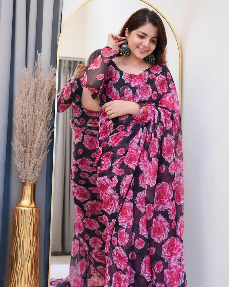 Neha Bagga Floral Wine Colour Chiffon Pre Drapped Saree