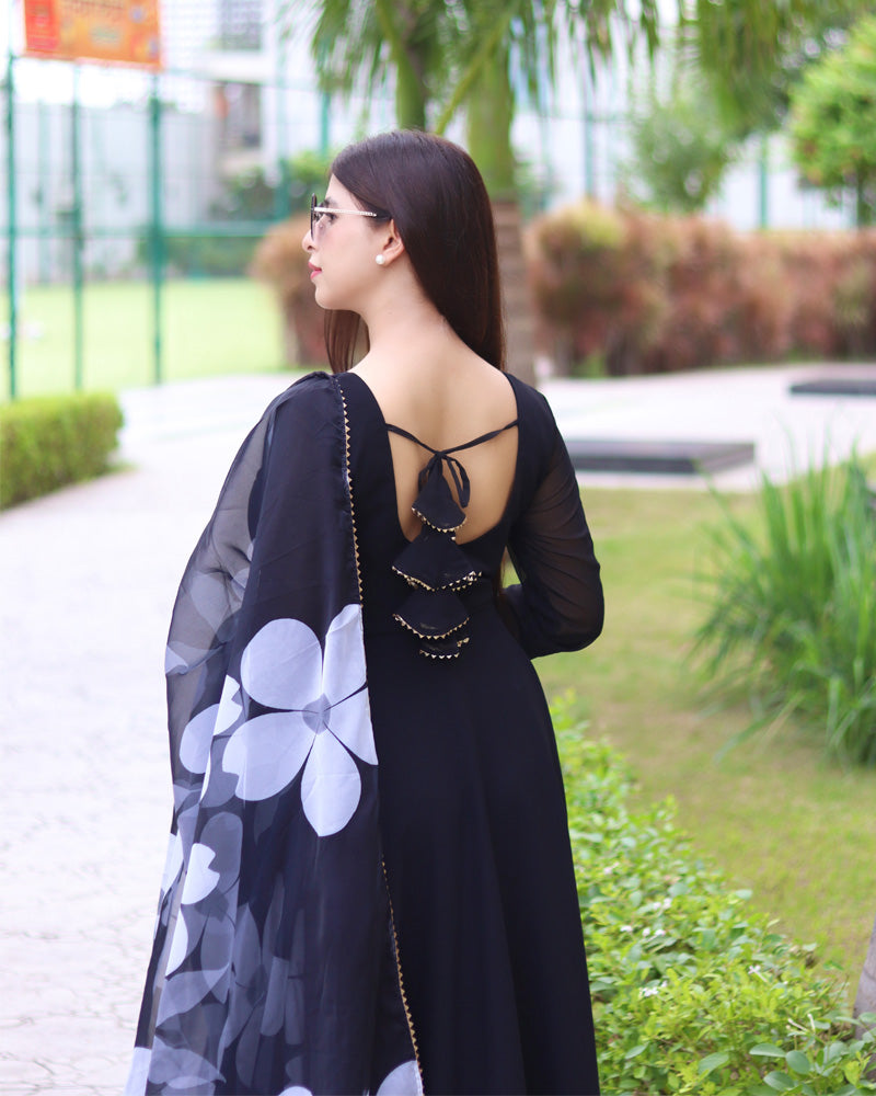 Black Color Soft Georgette Anarkali Gown With Floral Printed Dupatta