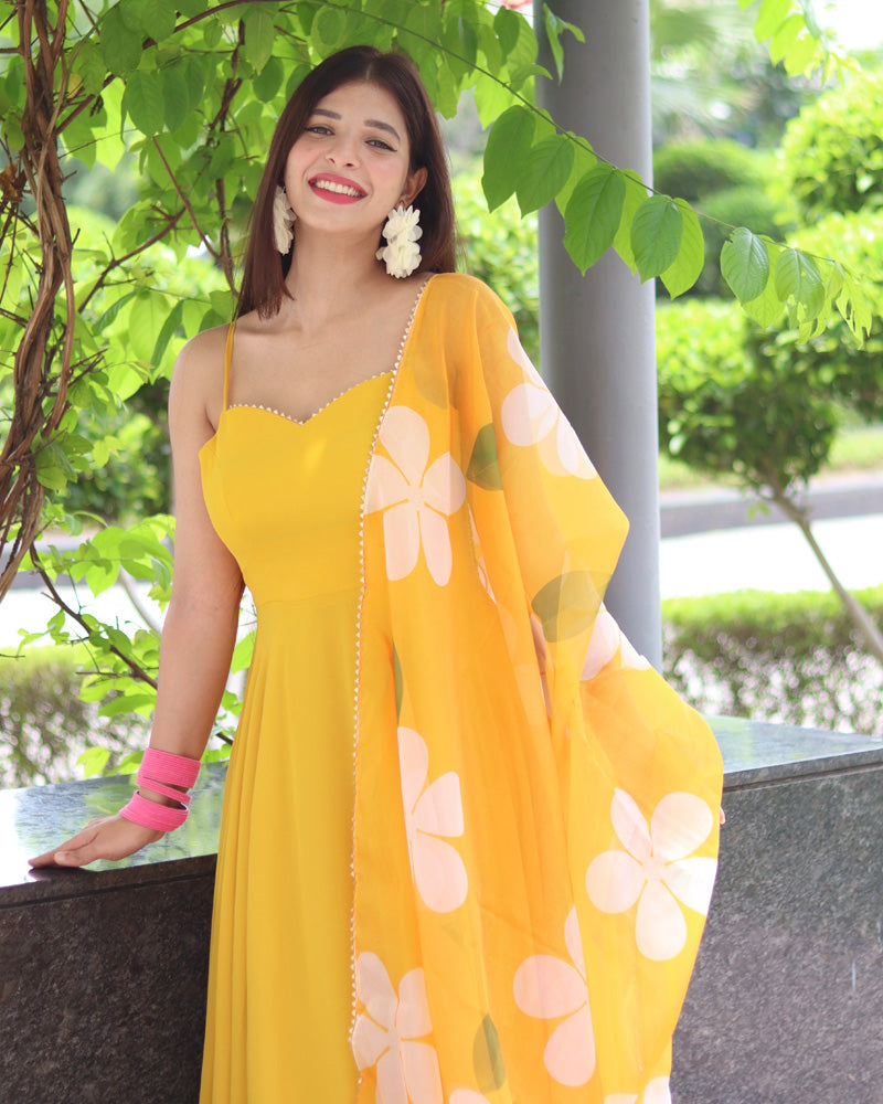 Mustard Yellow Color Soft Georgette Anarkali Gown With Floral Printed Dupatta