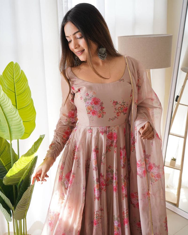 Light Chocolate Color Floral Print Soft Organza Silk Kali Cut Anarkali Suit