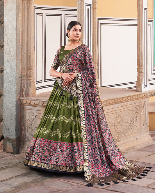 Designer Green Color Ajarakh Print Silk Lehenga Choli