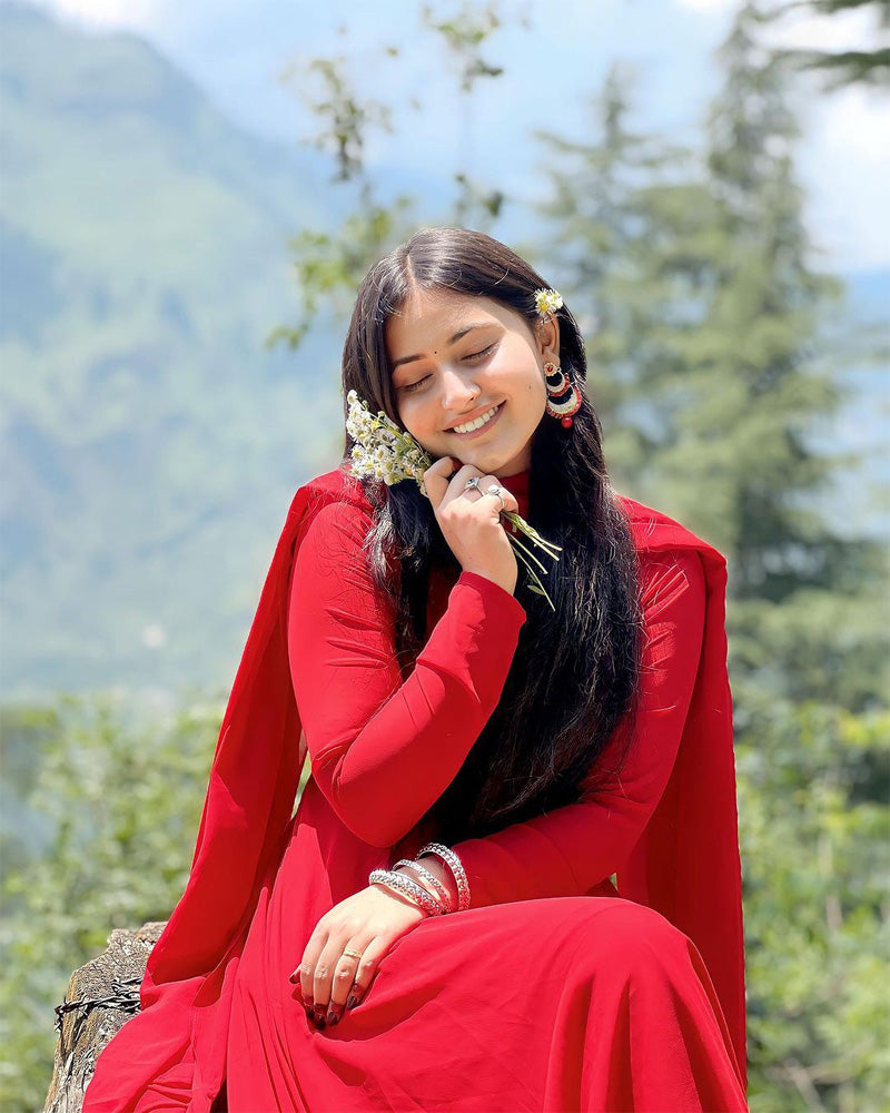 Jyoti Thakur Designer Back String Style Red Colour Three Piece Anarkali Suit