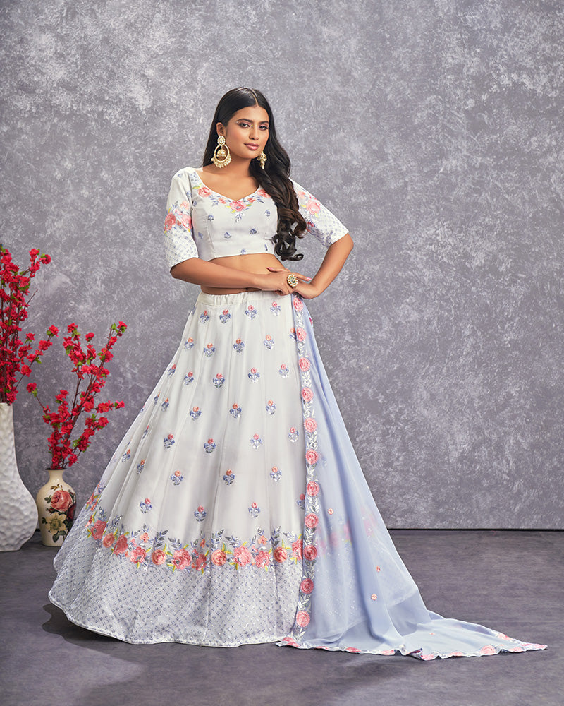 Pearl White Color Embroidered Georgette Semi Stitched Lehenga Choli