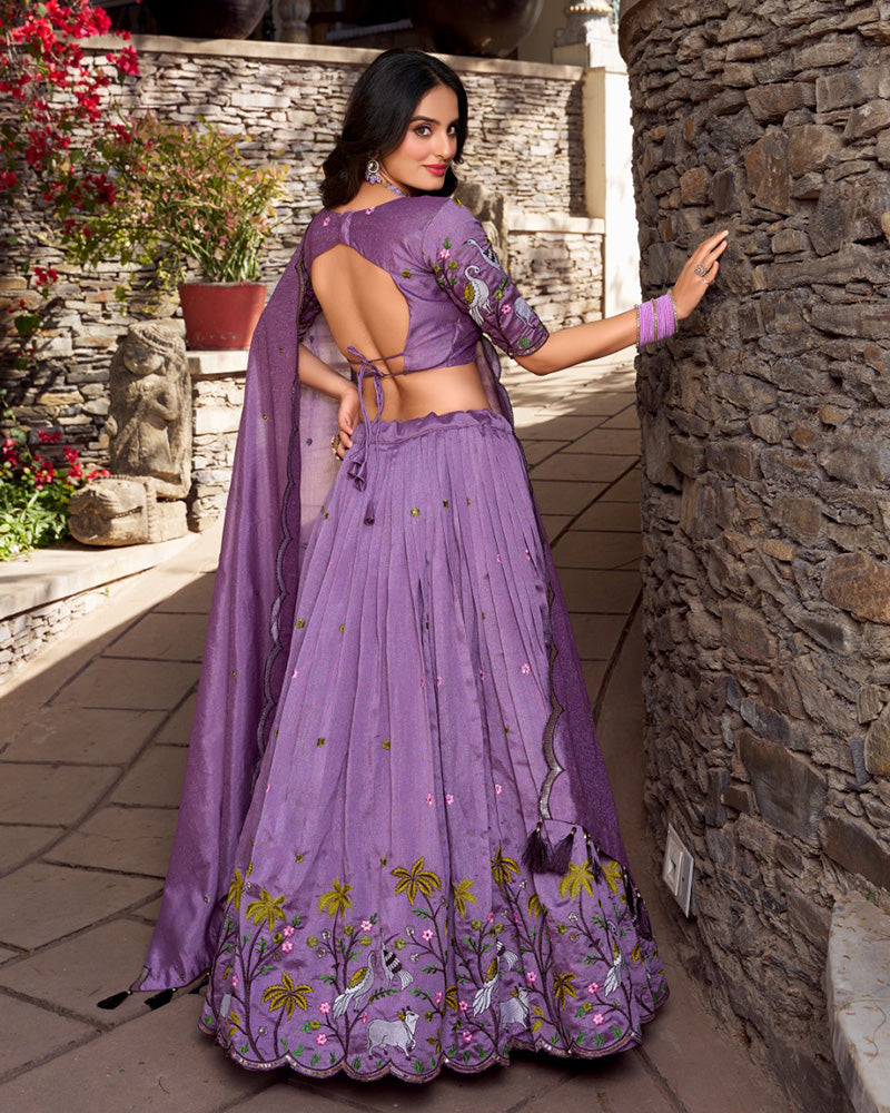 Lavender Color Vichitra Silk Thread Embroidered Lehenga Choli