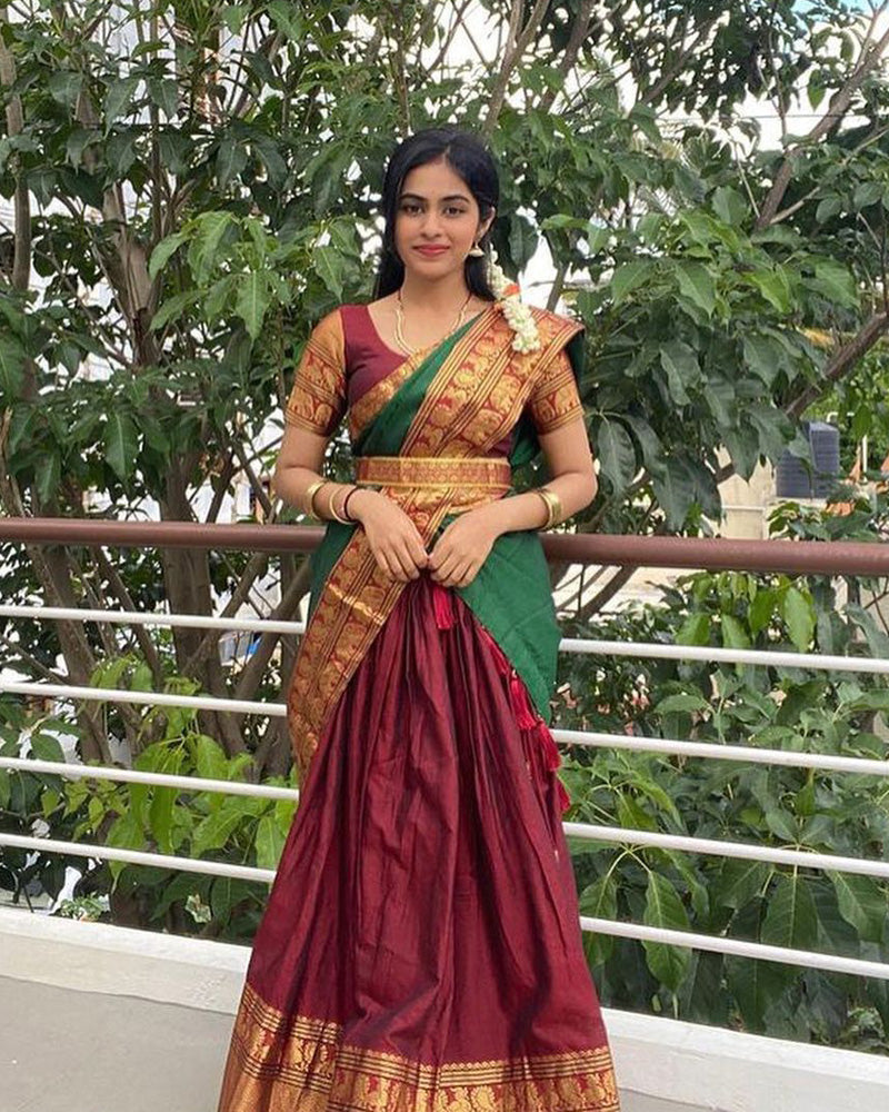 Sindhu Sampath Kumar South Indian Style Narayan Pet Cotton Maroon Colour Semi Stitched Lehenga Choli