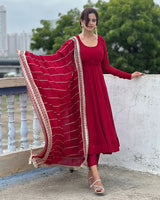 Maroon Color Georgette Anarkali With Embroidered Dupatta