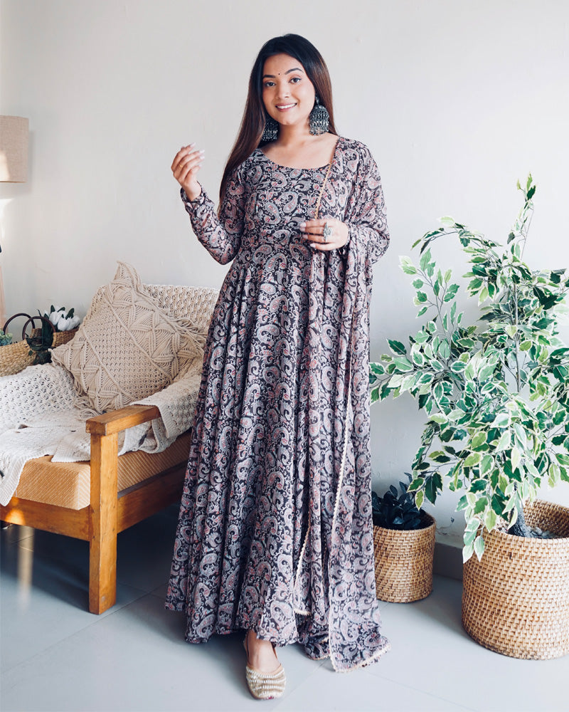 Kalamkari Black Color Anarkali Three Piece Suit