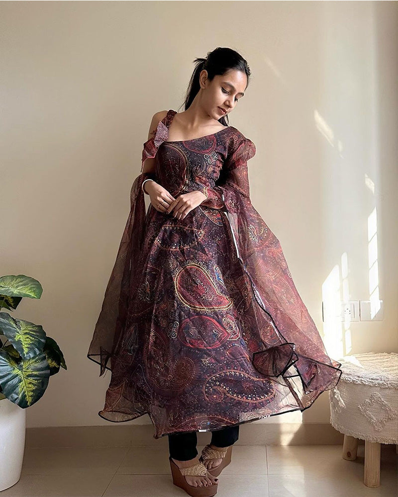Brown Color Printed Soft Organza Anarkali Three Piece Suit