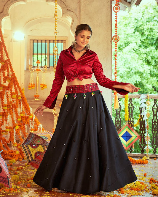 Maroon And Black Color Cotton Printed Fully Stitched Navratri Lehenga Choli