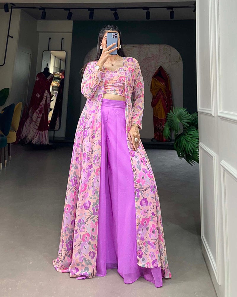 Lavender Color Georgette Printed Shrug With Plazzo Suit