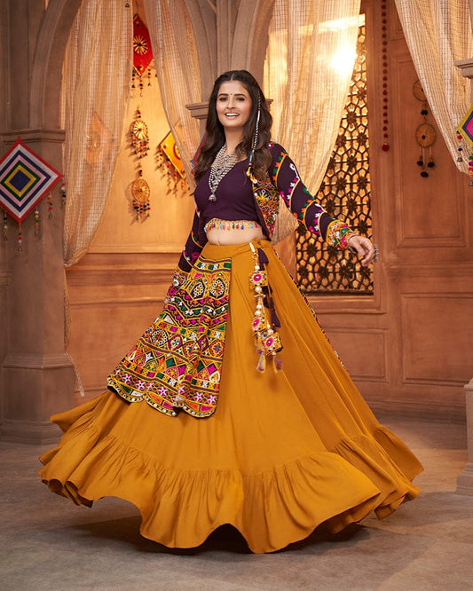 Mustard Yellow Color Viscose Rayon Threaded Fully Stitched Navratri Lehenga Choli