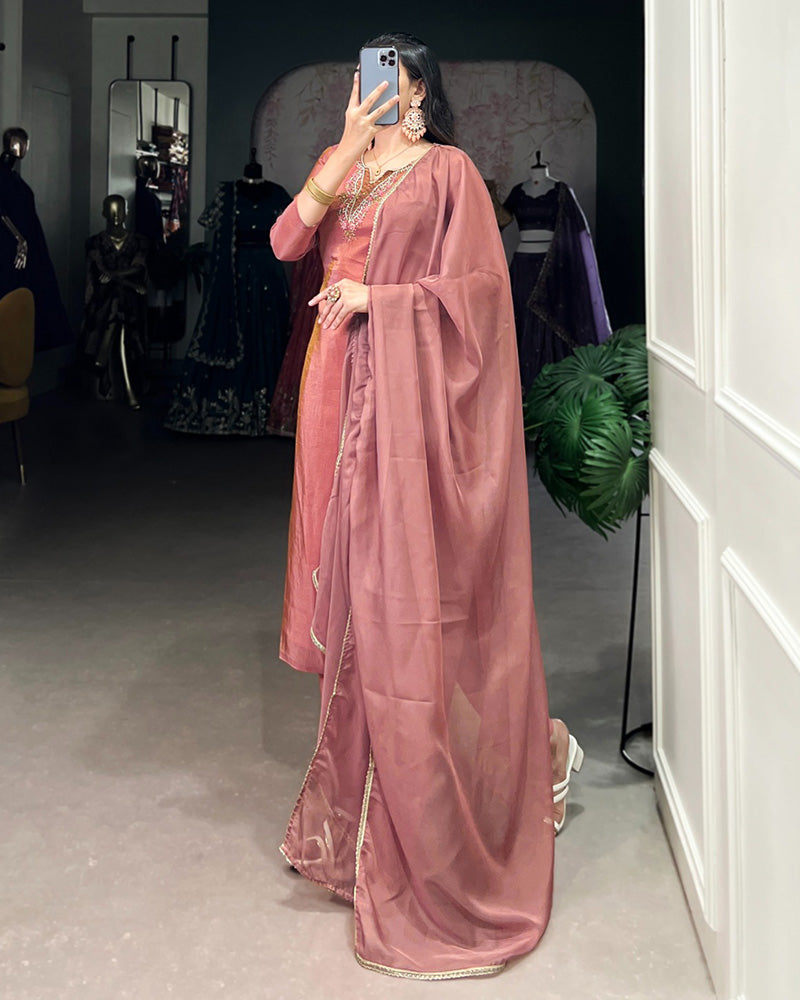 Peach Color Viscose Tissue Three Piece Kurti Suit