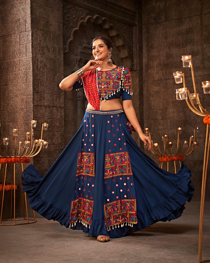 Royal Blue Color Viscose Rayon Thread With Mirror Work Navratri Lehenga Choli