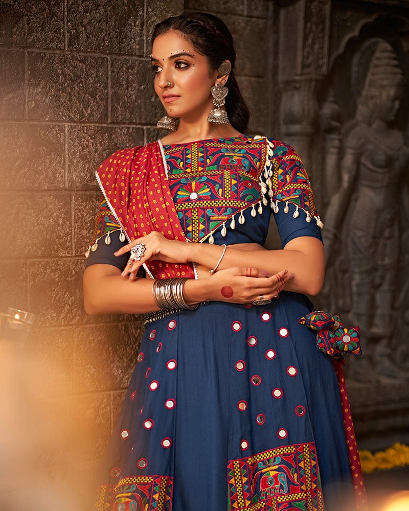 Royal Blue Color Viscose Rayon Thread With Mirror Work Navratri Lehenga Choli