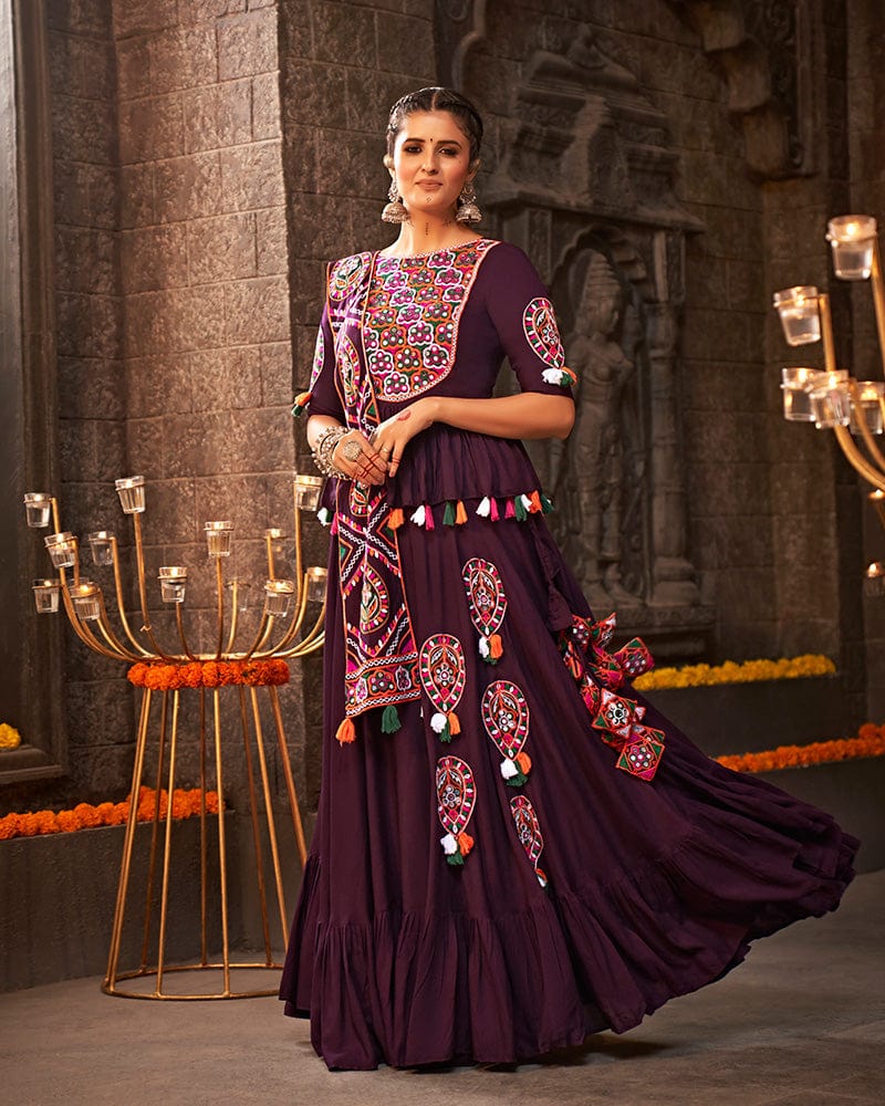 Purple Color Viscose Rayon Thread With Mirror Work Navratri Lehenga Choli