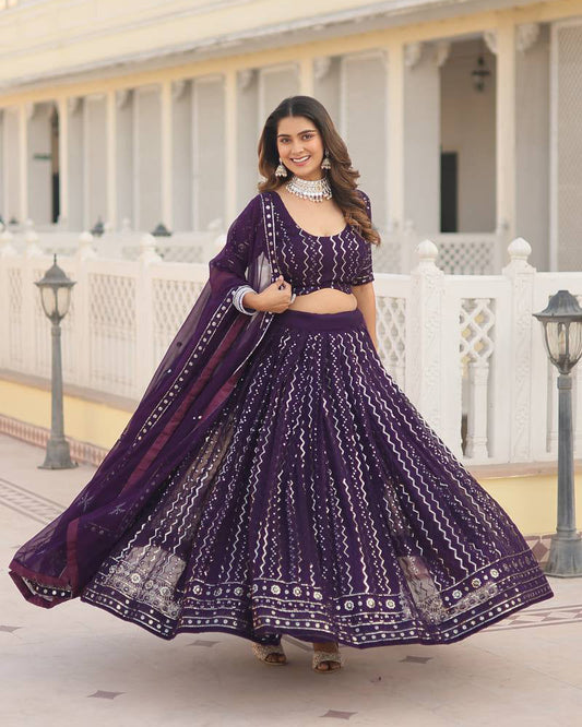 Wine Color Blooming Soft Georgette Heavy Embroidery Threaded Semi Stitched Lehenga Choli