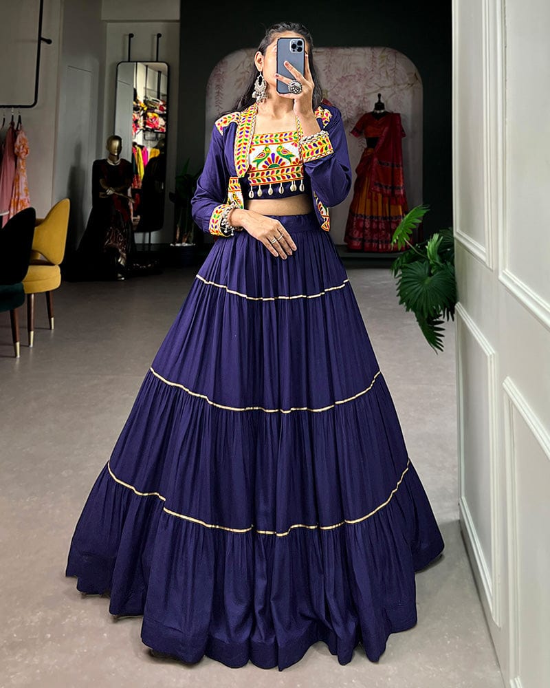 Navy Blue Color Pure Rayon Gamthi Navratri Lehenga Choli