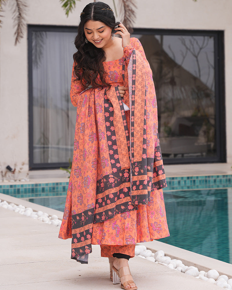 Orange Color Printed Soft Cotton Three Piece Anarkali Suit