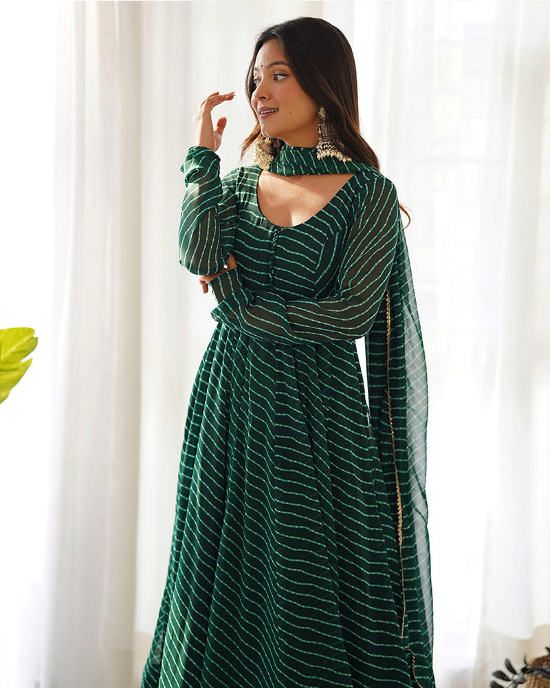 Green Color Laheriya Print Georgette Three Piece Anarkali Suit
