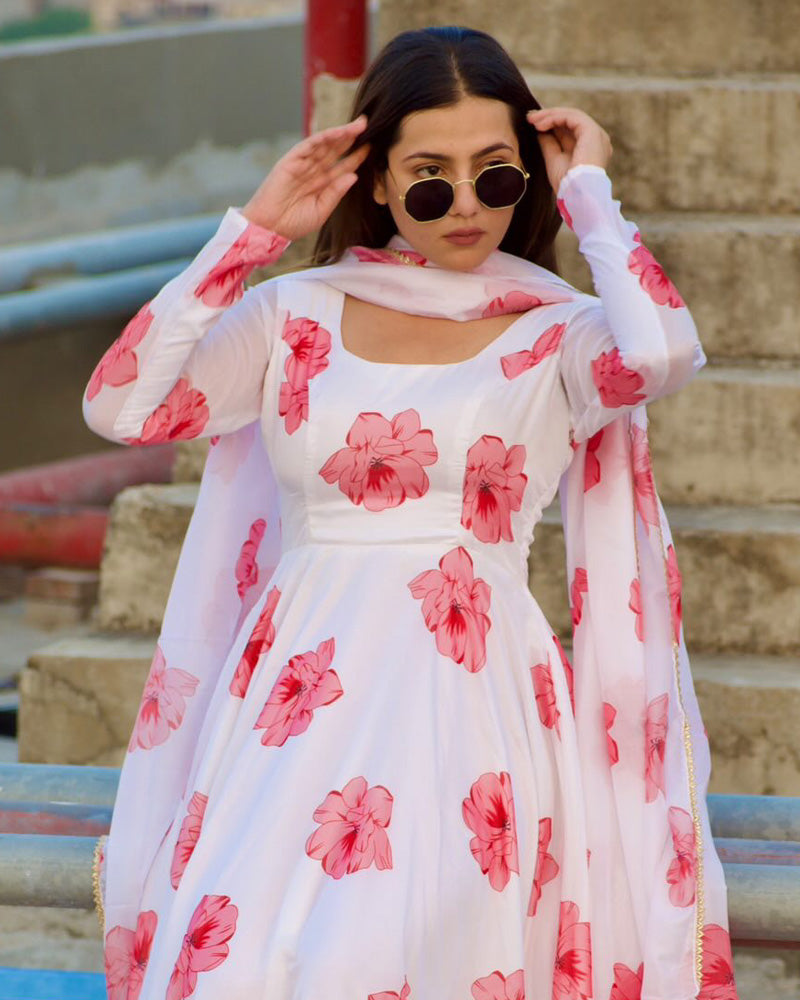 Sonia Verma White Rose Colour Three Piece Organza Tebby Anarkali Suit