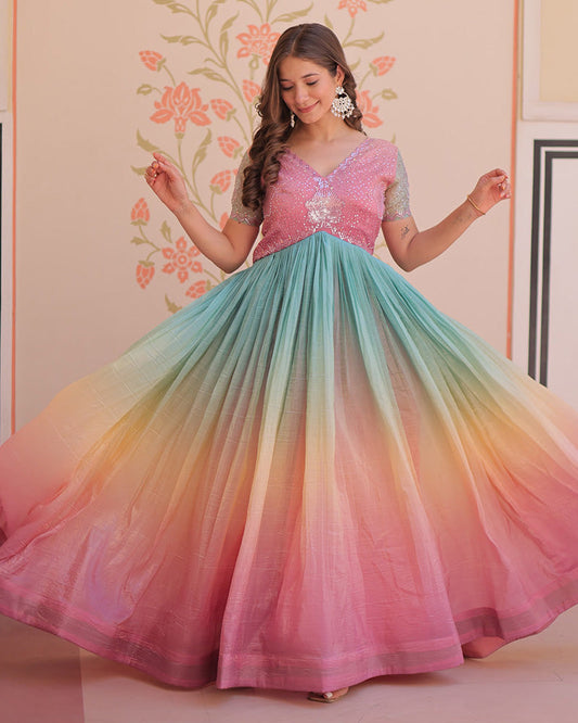 Puce pink Color Gold Crush Embroidered work Gown