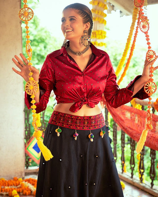 Maroon And Black Color Cotton Printed Fully Stitched Navratri Lehenga Choli