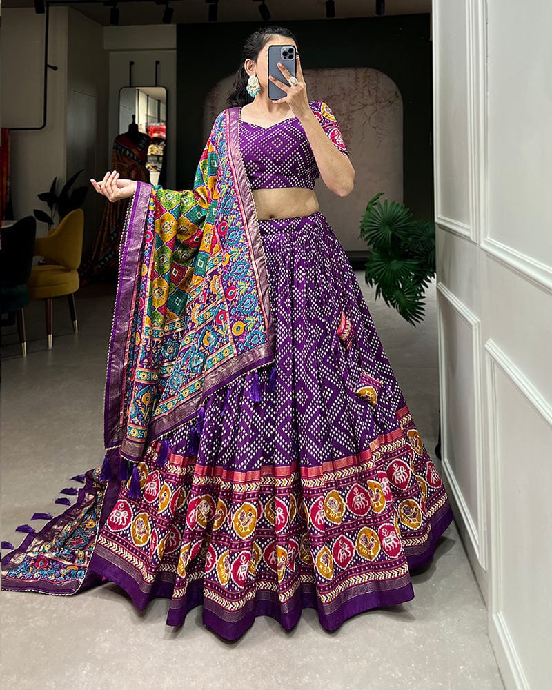 Purple Color Tussar Silk Bandhej And Patola Printed Navratri Lehenga Choli