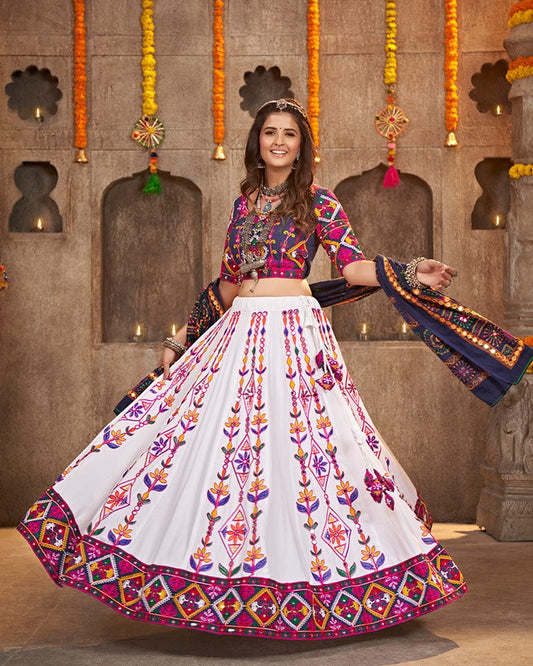 White Color Viscose Rayon Thread With Mirror Work Navratri Lehenga Choli