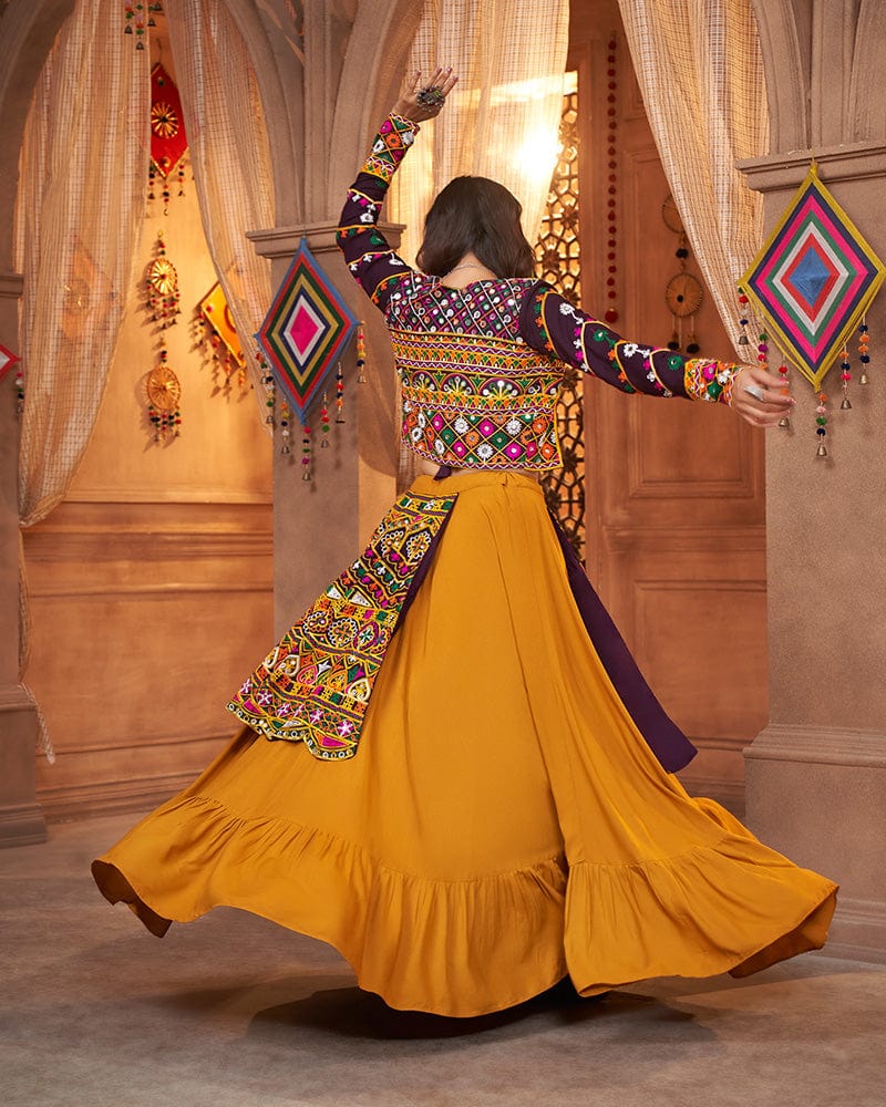 Mustard Yellow Color Viscose Rayon Threaded Fully Stitched Navratri Lehenga Choli