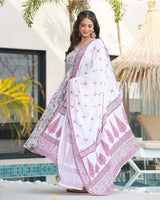White Color Printed Soft Cotton Three Piece Anarkali Suit