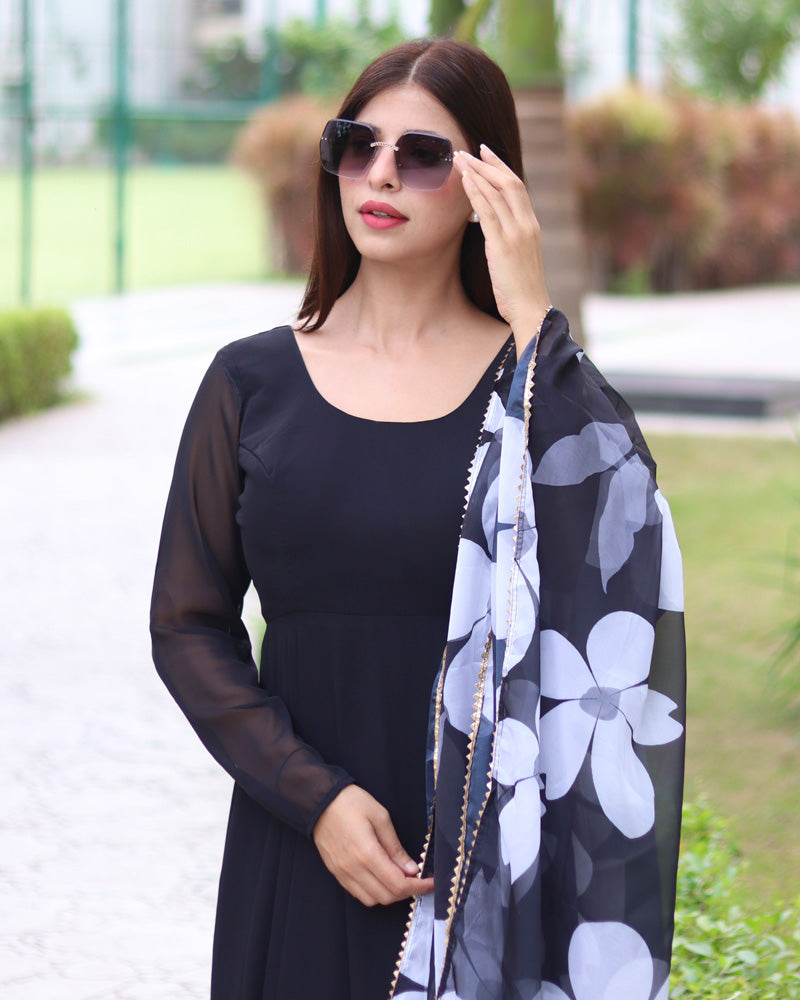 Black Color Soft Georgette Anarkali Gown With Floral Printed Dupatta