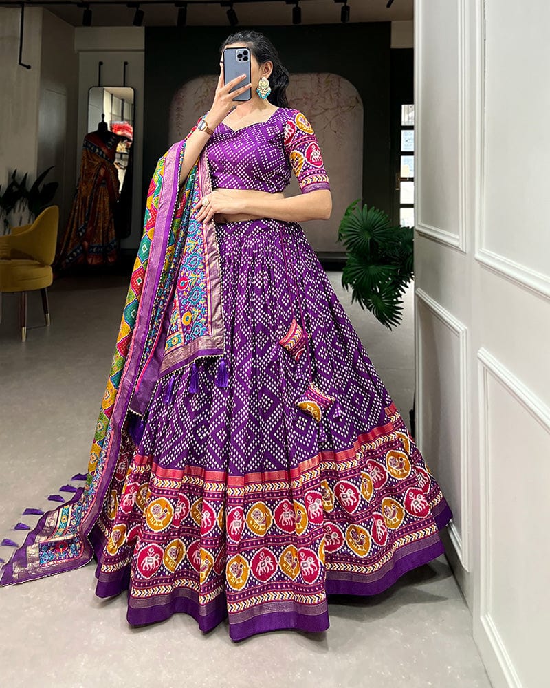 Purple Color Tussar Silk Bandhej And Patola Printed Navratri Lehenga Choli