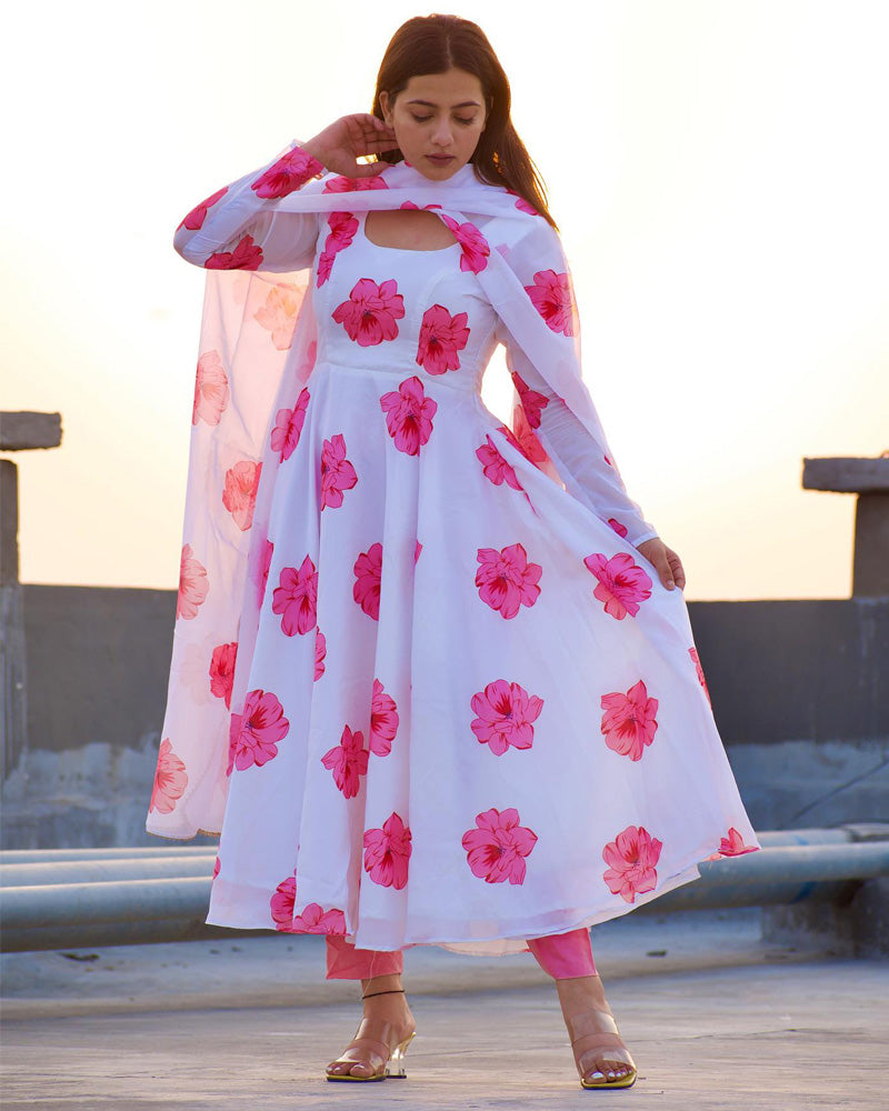 Sonia Verma White Rose Colour Three Piece Organza Tebby Anarkali Suit